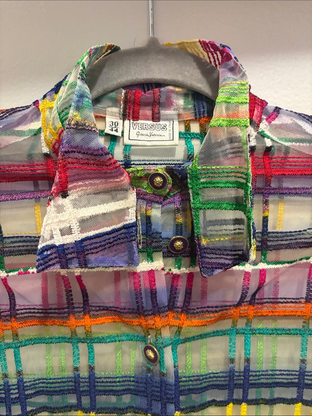 Versus By Versace Multicolor Plaid Sheer Button-Down — Bright Rainbow Stripes